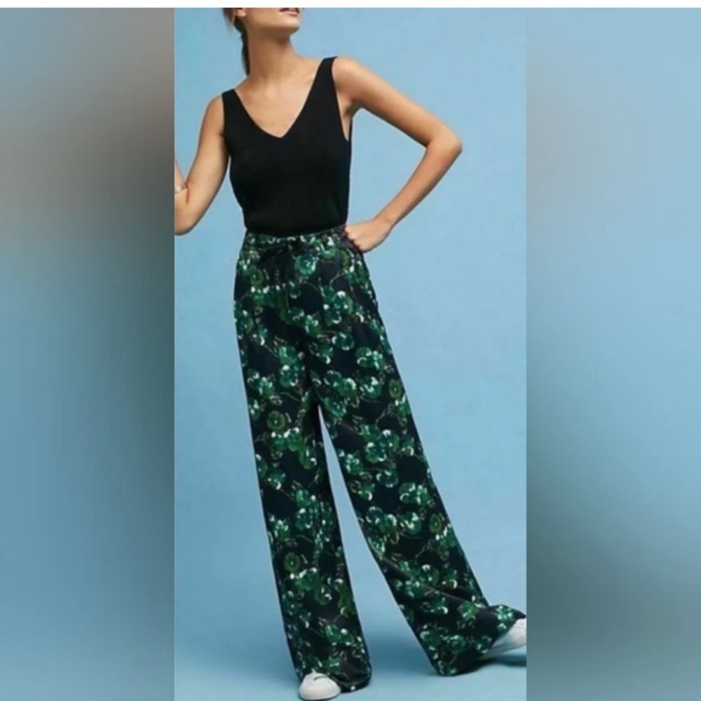 Anthropologie Elevenses Floral Botanical Green Wide Leg Pants, Size 2